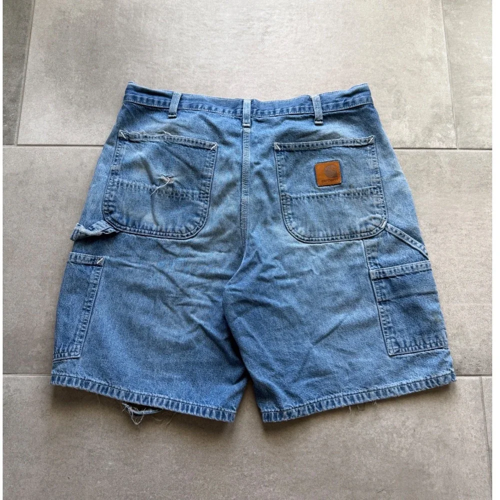 Vintage Carhartt R28 DST Mens 34 Blue Denim Carpenter Shorts Distressed Workwear - Picture 1 of 11